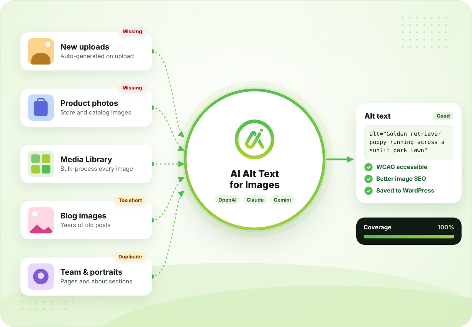 Images from new uploads, product photos, the Media Library, blog posts and team portraits flow into AI Alt Text for Images, which returns accessible alt text and full coverage