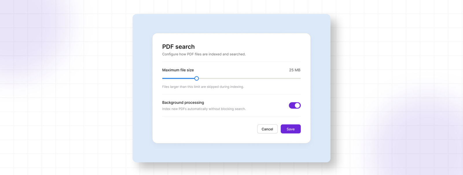 PDF Search settings showing Maximum File Size and Background Processing options