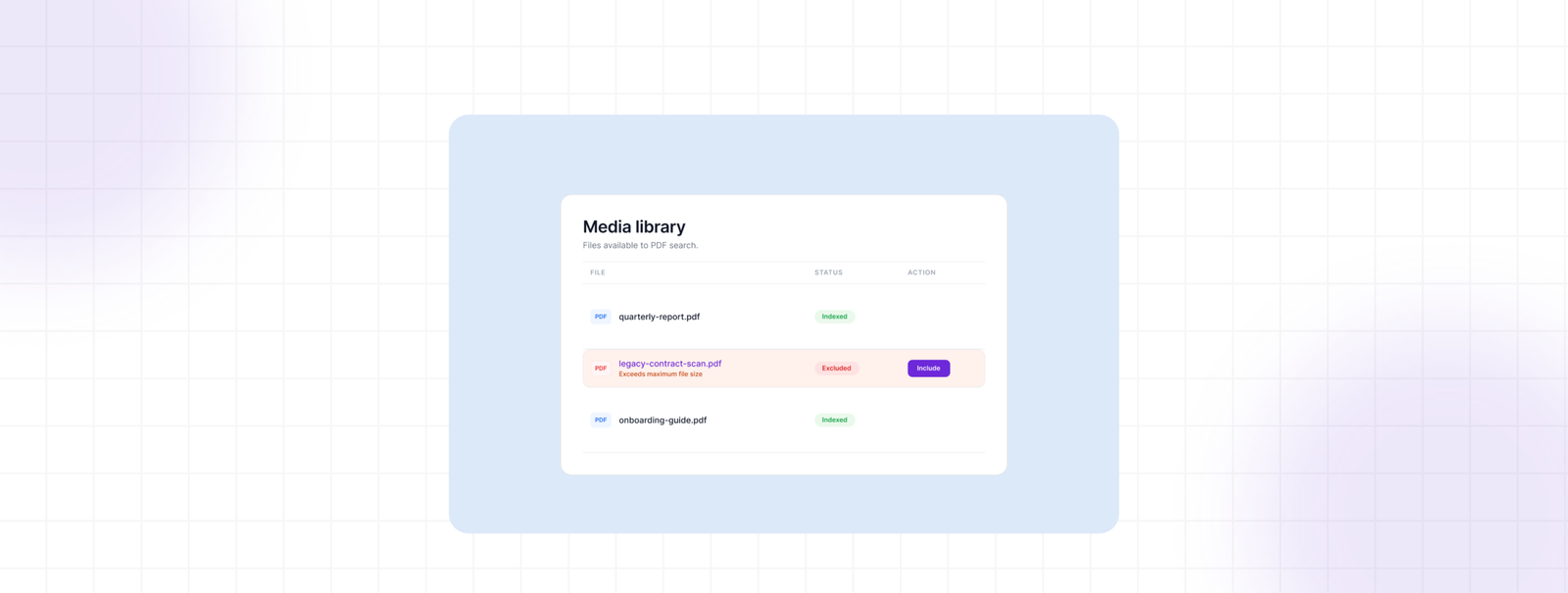 Media Library showing an Excluded PDF and the Include action